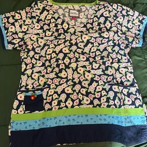 Mary Engelbreit Navy Floral medium scrub Top with Green Accents